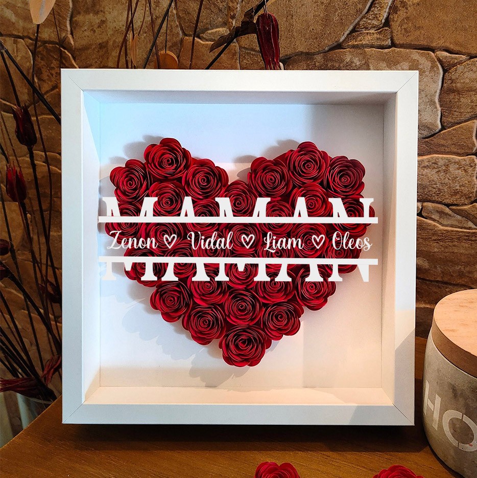 Boîte d'ombre à fleurs en papier personnalisée, avec noms d'enfants, cadeau pour maman, cadeau de fête des mères