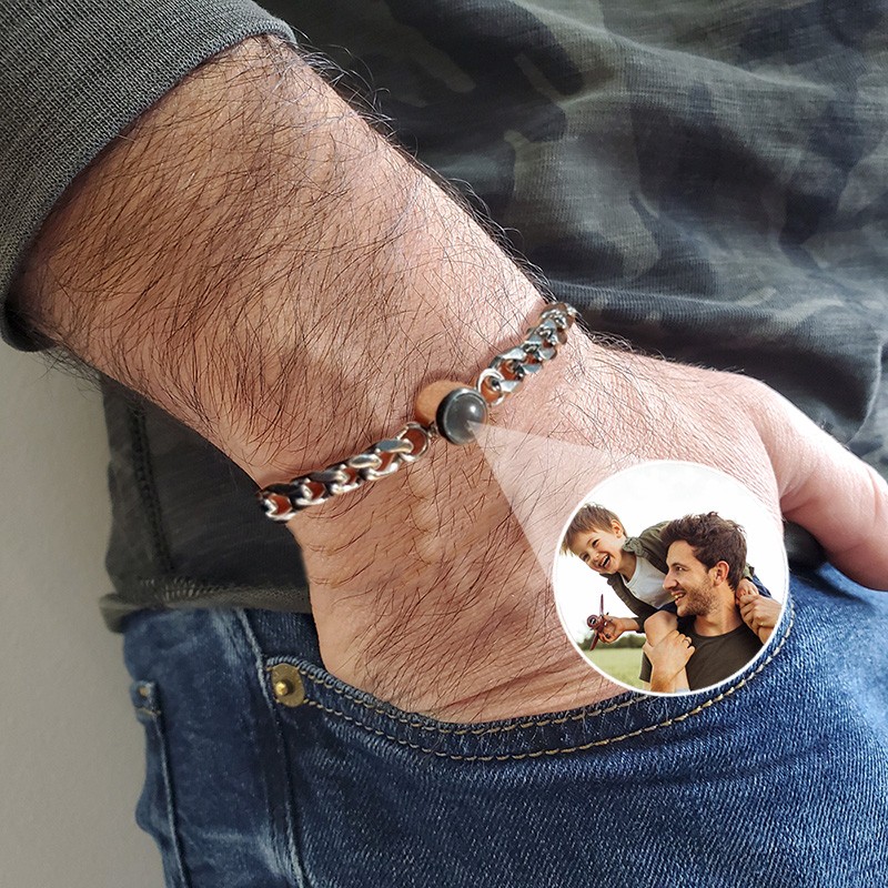 Bracelet pour hommes avec projection de photo commémorative personnalisée avec image à l'intérieur des idées de cadeaux pour la fête des pères