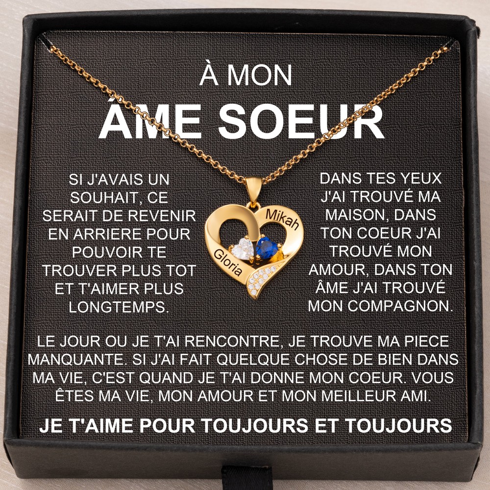 Collier cœur personnalisé à mon âme sœur, avec 2 noms et pierres de naissance, cadeaux d'anniversaire, de saint-valentin, de noël