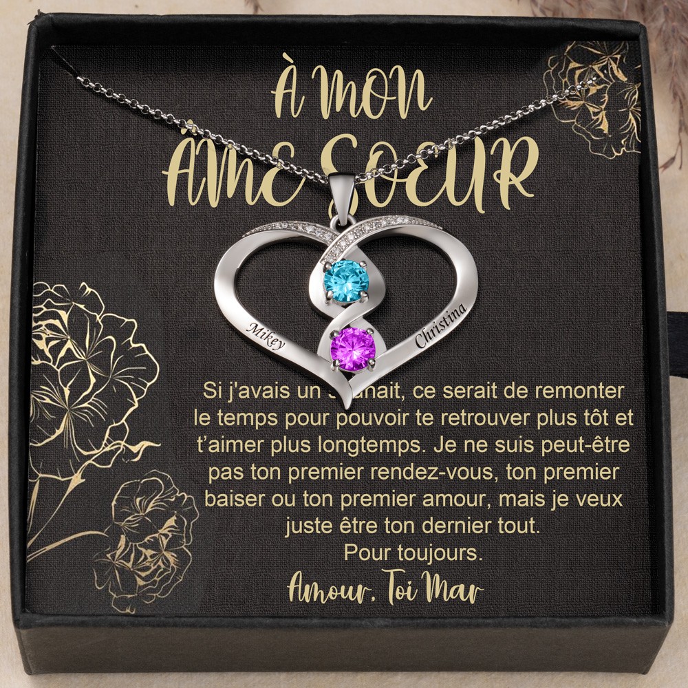 Collier cœur personnalisé à mon âme sœur avec nom et cadeaux de pierre de naissance pour ses cadeaux de Saint-Valentin, idées de cadeaux d'anniversaire