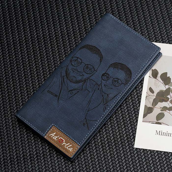 Cadeau Fête des Pères Portefeuille Photo Personnalisé en Cuir Bleu