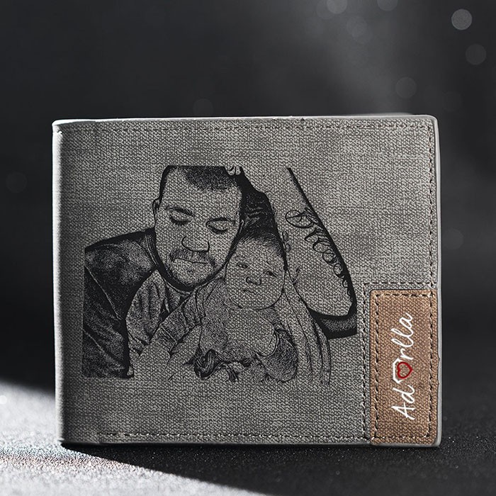 Cadeau Fête des Pères Portefeuille Photo Personnalisé en Cuir Gris