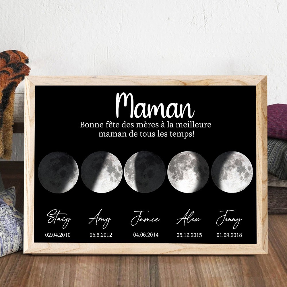 Panneau avec cadre en bois imprimé Phase de lune personnalisé, la meilleure maman de tous les temps, cadeaux parfaits pour maman