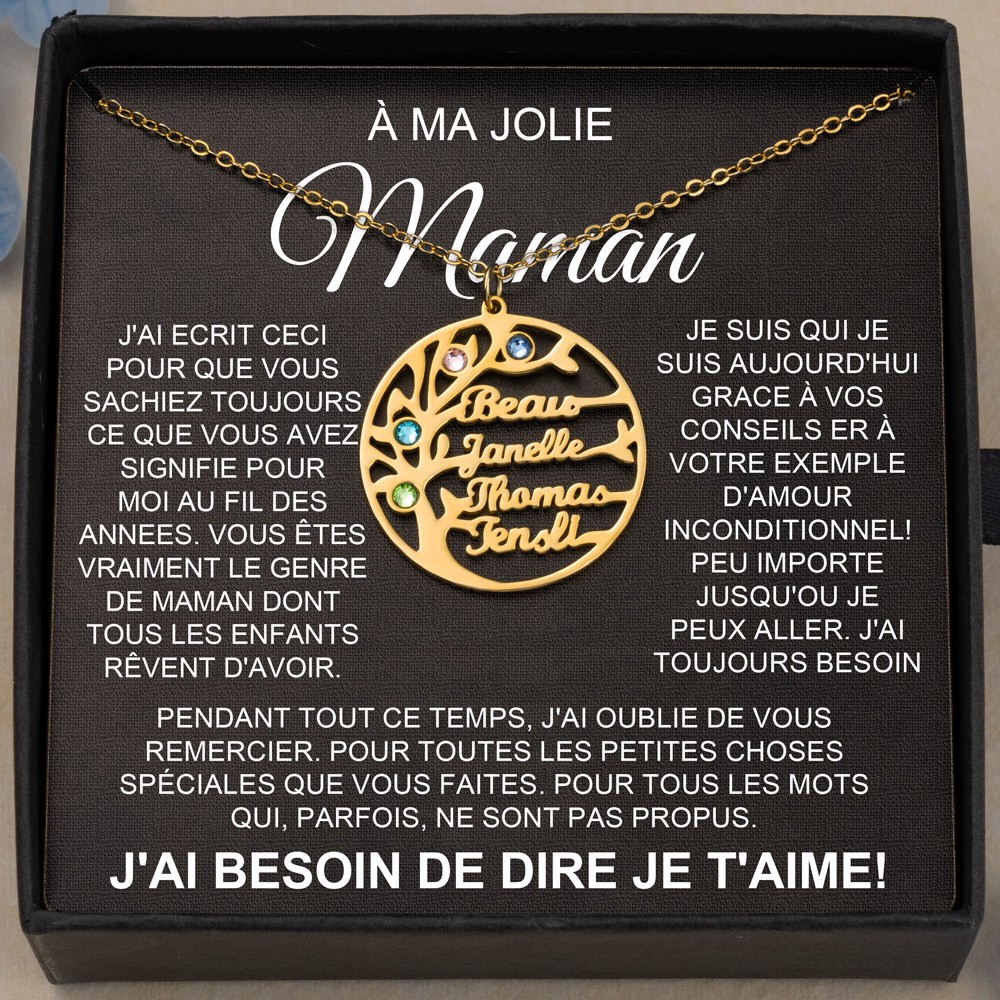 Collier avec nom d'arbre généalogique à ma mère avec pierre de naissance, idées cadeaux personnalisées pour maman, cadeaux de Noël