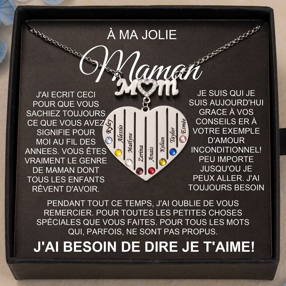Collier avec pierre de naissance en forme de cœur À ma maman gravé avec des noms, idées de cadeaux de Noël pour maman