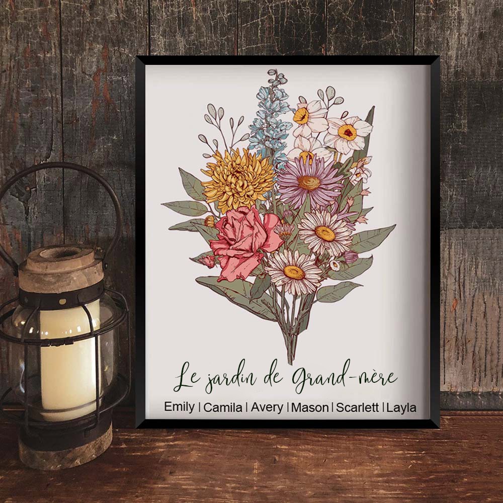 Cadre d'impression d'art de bouquet de fleurs de mois de naissance de jardin de grand-mère personnalisé avec des noms de petits-enfants cadeaux de Noël