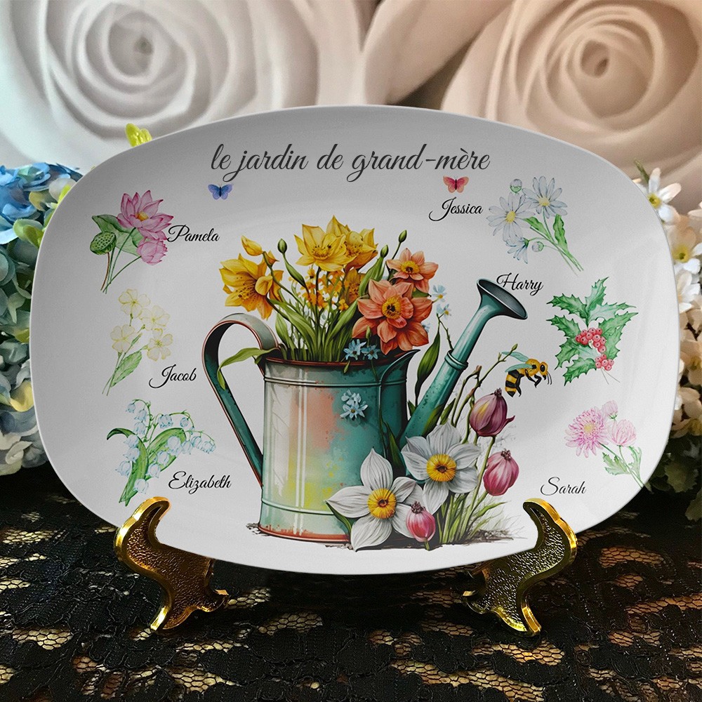 Plateau de fleurs personnalisé du mois de naissance du jardin de grand-mère avec noms d'enfants, cadeau de Noël pour grand-mère maman