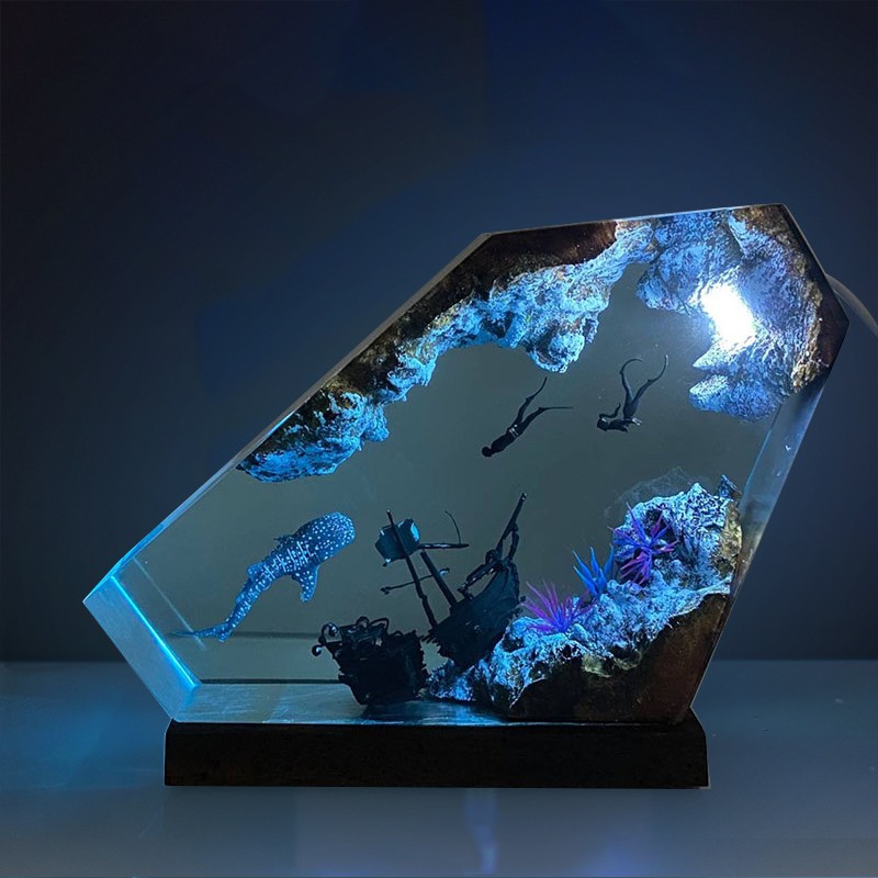 Requin baleine et couple plongeur lampe en bois en résine époxy cadeaux de Noël