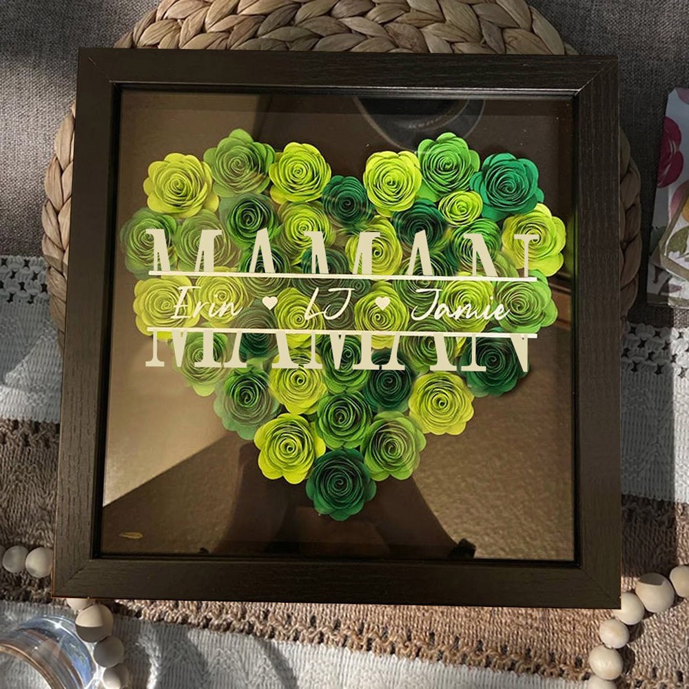 Boîte à fleurs en forme de cœur, boîte à ombre de fleurs en papier personnalisée, cadeau personnalisé pour maman grand-mère