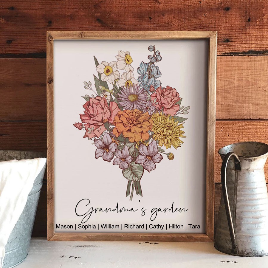 Personalized Grandma's Garden Birth Flower Bouquet Art Print Frame Gifts for Mom Grandma Christmas Gifts