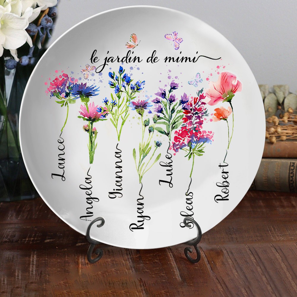Plateau de fleurs personnalisé du mois de naissance du jardin de grand-mère avec noms d'enfants, cadeau de Noël pour grand-mère maman