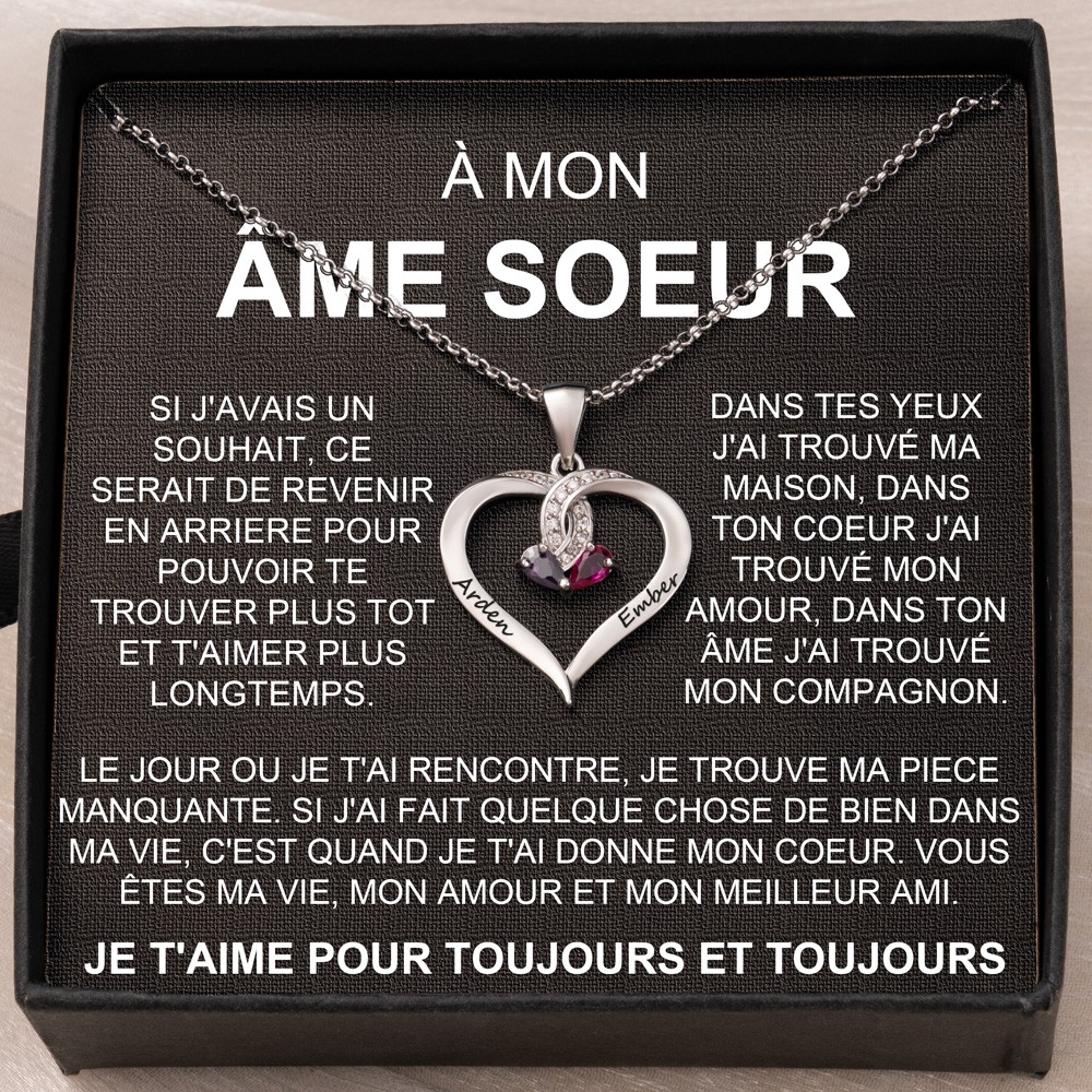 Collier personnalisé en forme de cœur avec 2 noms et pierres de naissance, idées cadeaux pour la Saint-Valentin, anniversaire, Noël