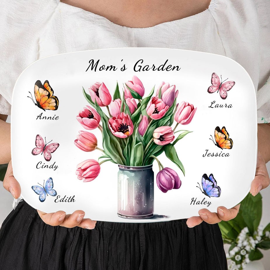 Mom's Garden Butterfly Flower Platter with Kids Names Customized Plate for Mom Christmas Gifts