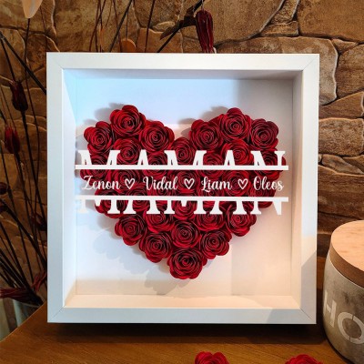 Boîte d'ombre à fleurs en papier personnalisée, avec noms d'enfants, cadeau pour maman, cadeau de fête des mères