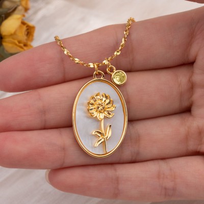 Collier en or avec coquille de mère de fleur de mois de naissance personnalisé avec cadeau de pierre de naissance pour maman, grand-mère