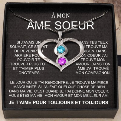 Collier avec nom à mon âme sœur avec pierre de naissance, cadeaux personnalisés pour cadeaux d'anniversaire de l'âme sœur