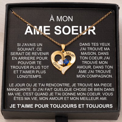 Collier cœur personnalisé à mon âme sœur, avec 2 noms et pierres de naissance, cadeaux d'anniversaire, de saint-valentin, de noël