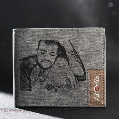 Cadeau Fête des Pères Portefeuille Photo Personnalisé en Cuir Gris