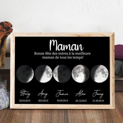 Panneau avec cadre en bois imprimé Phase de lune personnalisé, la meilleure maman de tous les temps, cadeaux parfaits pour maman