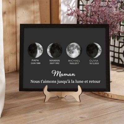 Panneau à cadre en bois avec Phase de lune familiale personnalisée, cadeaux souvenirs, idées de cadeaux pour la fête des mères