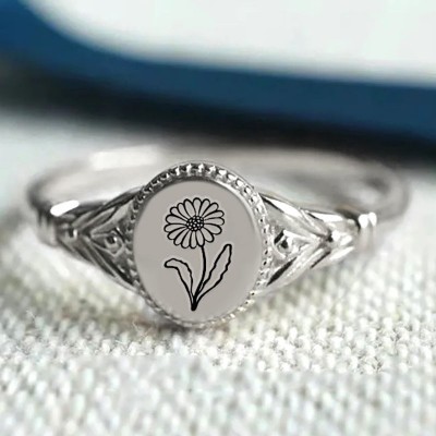 Bague fleur de naissance en argent sterling S925 Bague chevalière fleur vintage