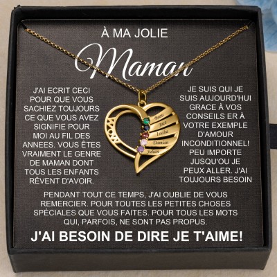 Collier avec pierre de naissance en forme de cœur À ma maman gravé avec des noms, idées de cadeaux de Noël pour maman