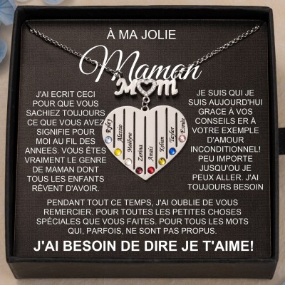 Collier avec pierre de naissance en forme de cœur À ma maman gravé avec des noms, idées de cadeaux de Noël pour maman