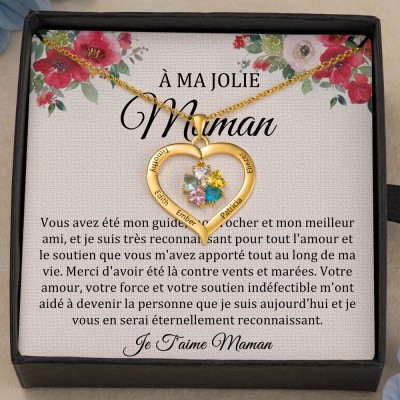 Collier personnalisé avec pierre de naissance en forme de cœur, avec noms, idées cadeaux pour maman, grand-mère, anniversaire
