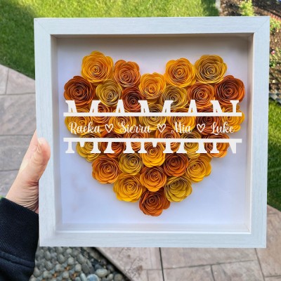 Boîte d'ombre de fleur de coeur de maman personnalisée avec des idées de cadeaux de noms d'enfants pour les cadeaux de souvenir de maman