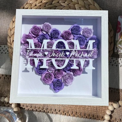 Cadeau personnalisé de boîte d'ombre de fleur de monogramme en forme de coeur de maman pour maman grand-mère