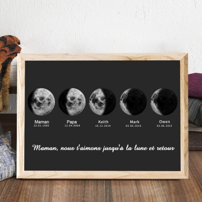 Cadre en bois personnalisé avec phases de lune, cadeaux souvenirs de famille, cadeau de fête des mères
