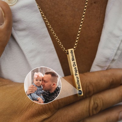 Collier personnalisé de barre de projection de photo d'hommes avec l'image à l'intérieur des bijoux commémoratifs pour des cadeaux de fête des pères de papa