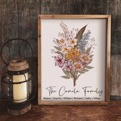 Personalized Family Birth Month Flower Bouquet Frame with Kids Names Christmas Gifts for Mom Grandma