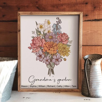 Personalized Grandma's Garden Birth Flower Bouquet Art Print Frame Gifts for Mom Grandma Christmas Gifts