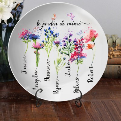 Plateau de fleurs personnalisé du mois de naissance du jardin de grand-mère avec noms d'enfants, cadeau de Noël pour grand-mère maman
