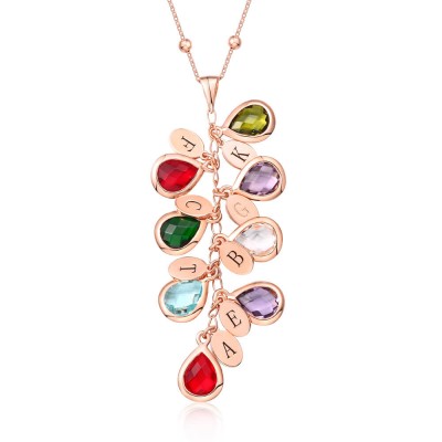 Collier de goutte de pierre de naissance personnalisé plaqué or rose 18 carats pour elle avec 1-8 pendentifs