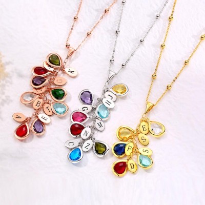 Collier de goutte de pierre de naissance personnalisé en argent sterling 925 pour elle avec 1-8 pendentifs