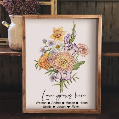 Custom Family Birth Month Flowers Bouquet Wood Sign Gifts for Mom Family Keepsake Gifts Birthday Gifts for Grandma from Grandkids