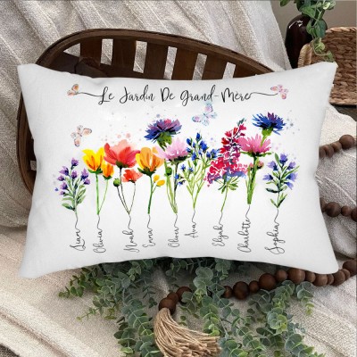Oreiller personnalisé en forme de fleur du mois de naissance du jardin de grand-mère avec noms, idées cadeaux pour grand-mère et maman