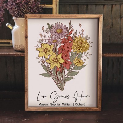 Custom Family Birth Flower Bouquet Frame with Kids Names Gift Ideas for Her Christmas Gifts for Mom Grandma