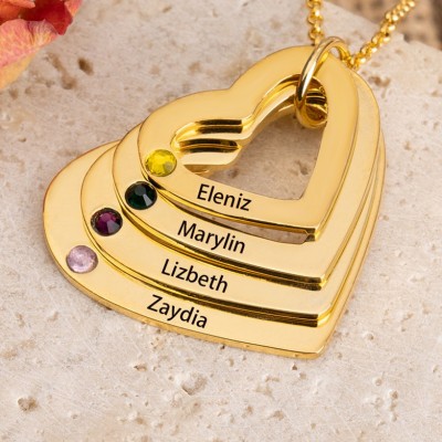Collier de pierre de naissance de famille en forme de coeur personnalisé plaqué or 18 carats avec 1 à 4 noms gravés