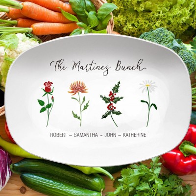 Personalized Birth Month Flower Engraved Names Platter Gift for Mom Family Gift
