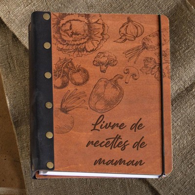 Carnet de recettes personnalisé avec reliure en cuir et couverture en bois, cadeaux uniques pour maman, cadeau de Noël en famille