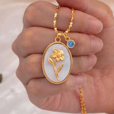 Collier en or avec coquille de mère de fleur de mois de naissance personnalisé avec cadeau de pierre de naissance pour maman, grand-mère