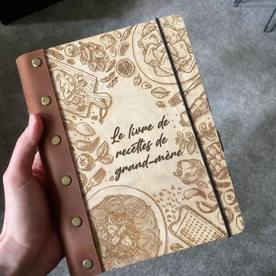 Livre de recettes personnalisé en bois pour grand-mère avec classeur vierge Journal gravé pour maman Grand-mère Cadeau de Noël