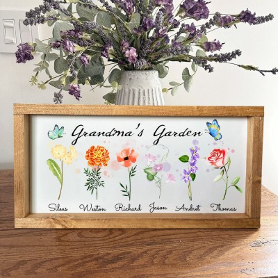 Grandma's Garden Wood Sign Personalized Birth Flower Frame with Names Gifts for Grandma Mom Christmas Gift for Her