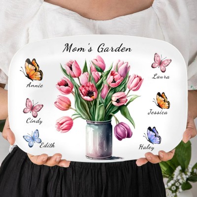 Mom's Garden Butterfly Flower Platter with Kids Names Customized Plate for Mom Christmas Gifts