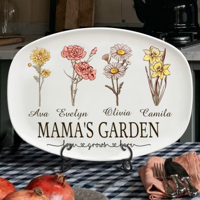 Personalized Mama's Garden Birth Flower Platter with Kids Names Family Gift Meaningful Gifts for Mama Grandma