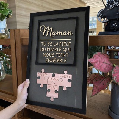 Maman, tu es la pièce du puzzle qui nous tient ensemble, panneau de puzzle en bois personnalisé pour maman cadeau de fête des mères
