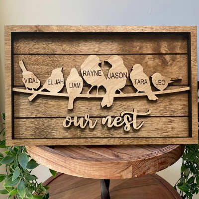 Personalized Our Nest Family Bird Frame Wood Family Sign with Kids Names Gift for Mom Grandma 
